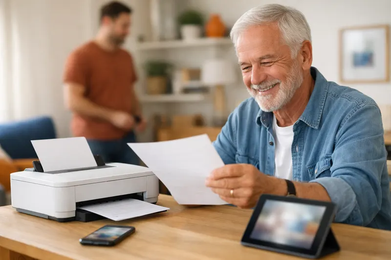 Un homme souriant récupère une page sortie de son imprimante sans fil, à côté d'un smartphone et d'une tablette