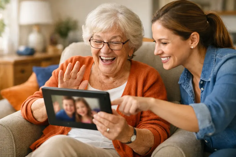 Une grand-mère appelle ses petits-enfants en visio sur sa tablette, aidée par une formatrice