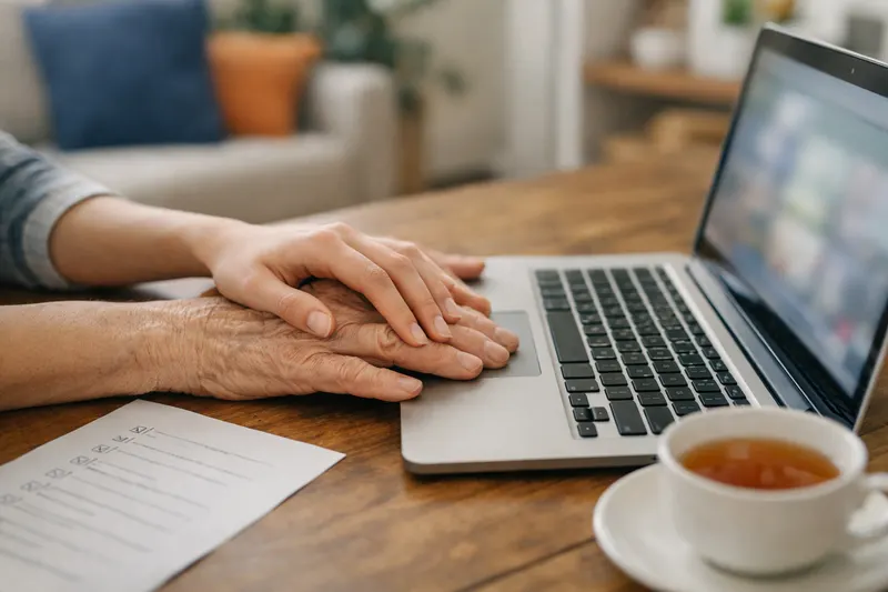 Mains d'un intervenant guidant celles d'une personne âgée sur le pavé tactile d'un ordinateur portable