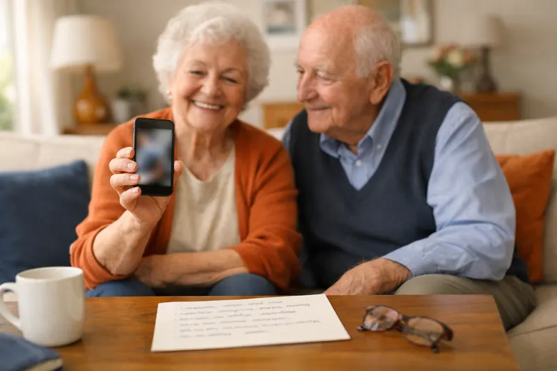 Un couple de seniors fier d'utiliser un smartphone, une fiche mémo posée sur la table