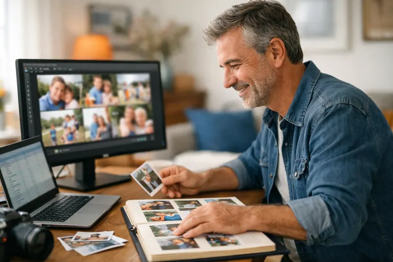 Un homme trie et retouche ses photos de famille sur un grand écran